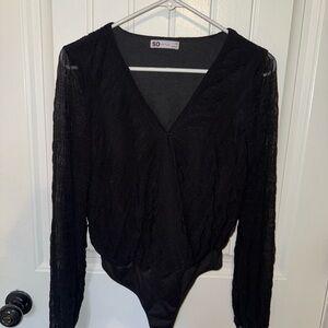 Black Textured Long Sleeve Bodysuit